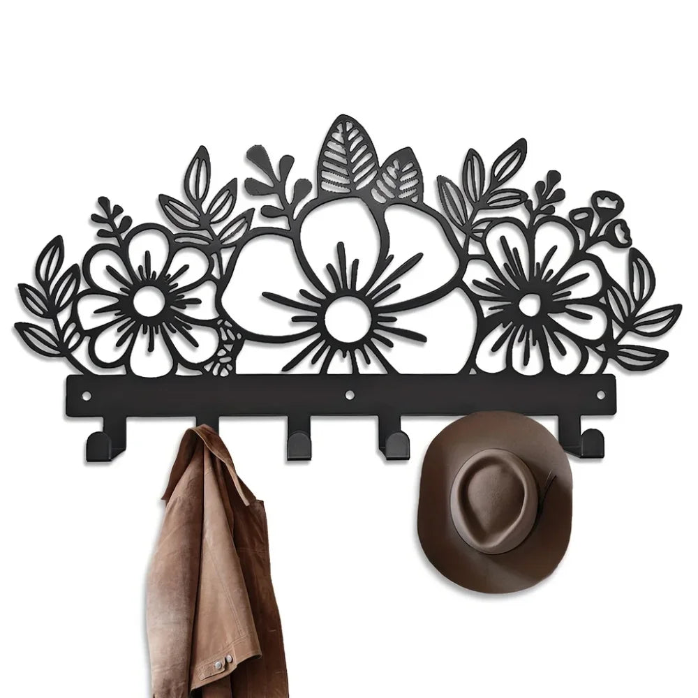 porte clés mural noir fleurs stylisées moderne crochets accrochables entrée chambre coucher decoration murale