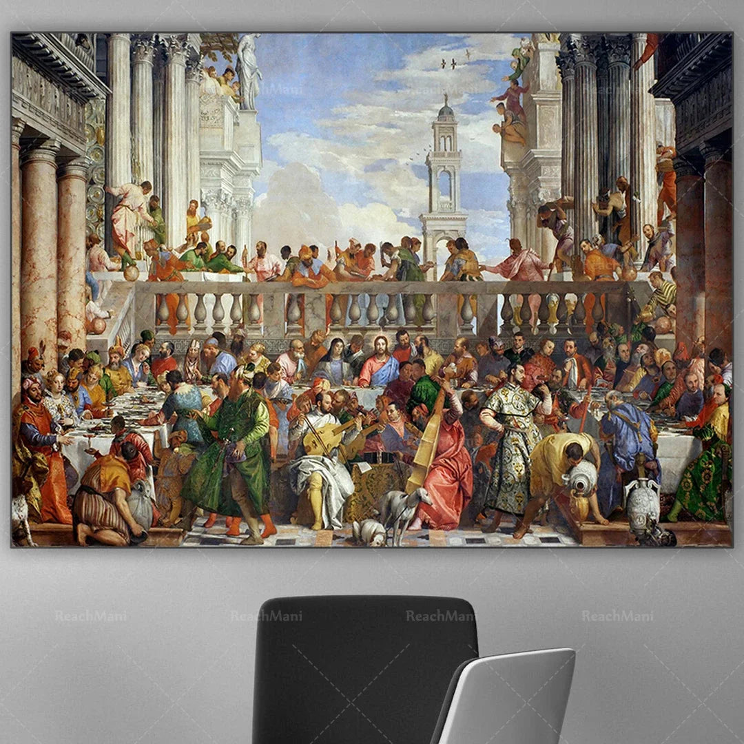 Magnifique peinture représentant une foule animée dans un décor architectural élaboré, avec des personnages vêtus de tenues colorées et de styles variés, créant une scène de mouvement et d'activité.