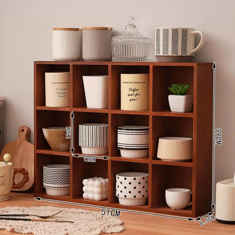 étagère modulaire bois naturel moderne 12 compartiments vases céramique bougies figurines boîte thé tasse