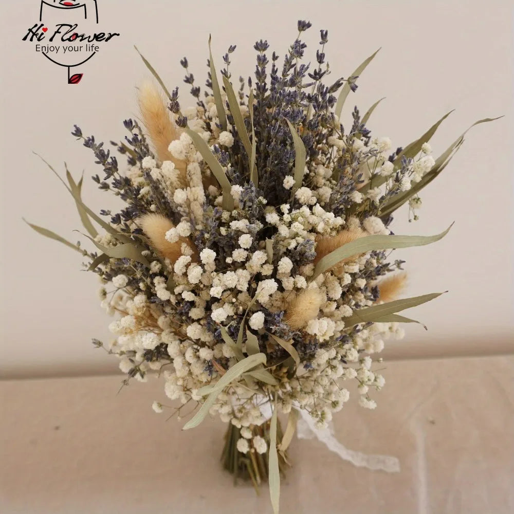bouquet fleurs séchées naturel violettes blanches vertes décoration maison mariage anniversaire baby shower