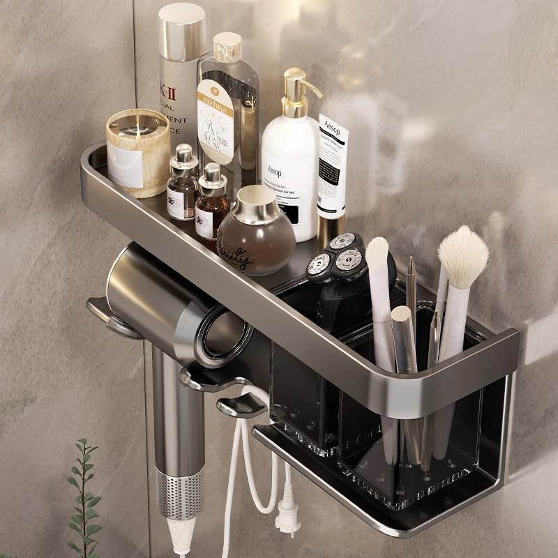 étagère salle bain rangement adhésif gris métallisé moderne boîte pilules tube crème brosse dents