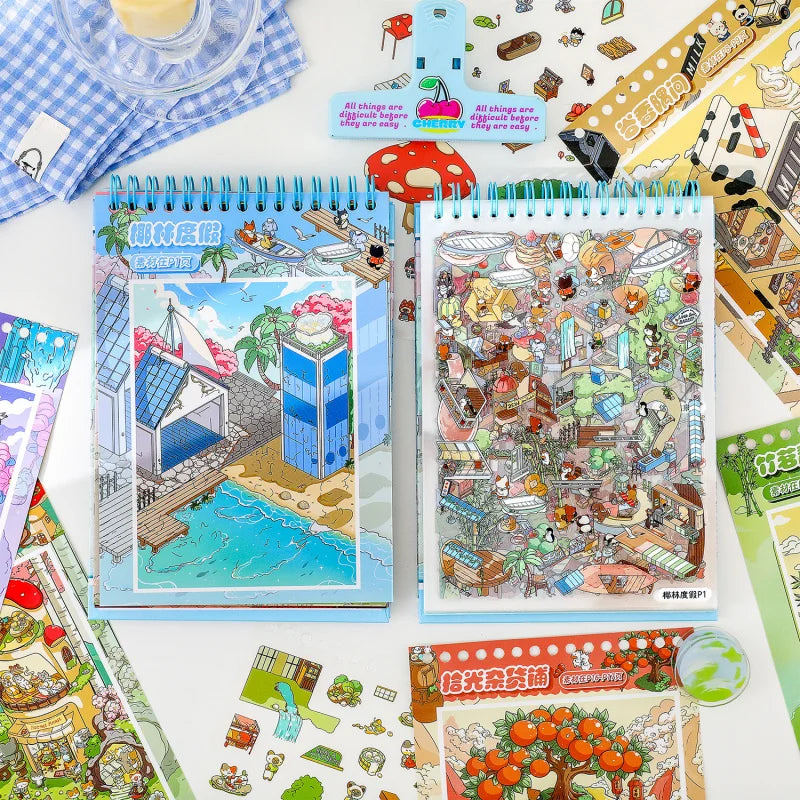 livre stickers 3d dessin animé coloré stickers autocollants motifs animaux urbains naturels spiral bleu