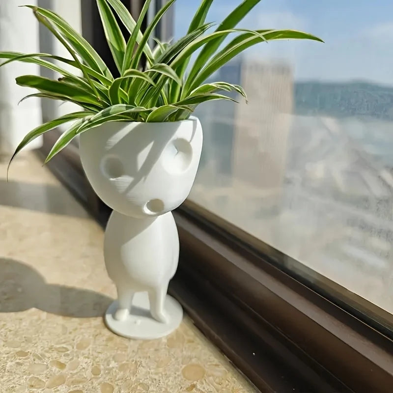 pots fleurs plastique forme humain stylisé plante verte feuilles rayées vert blanc decoratif original
