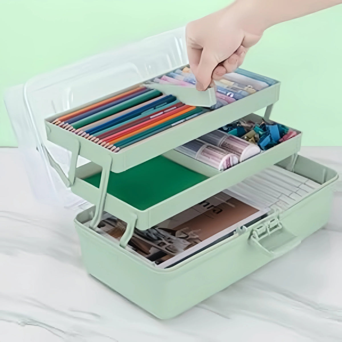 organisateur rangement boîte multi étages vert clair blanc compartiments plastique transparent utilitaire outils fournitures