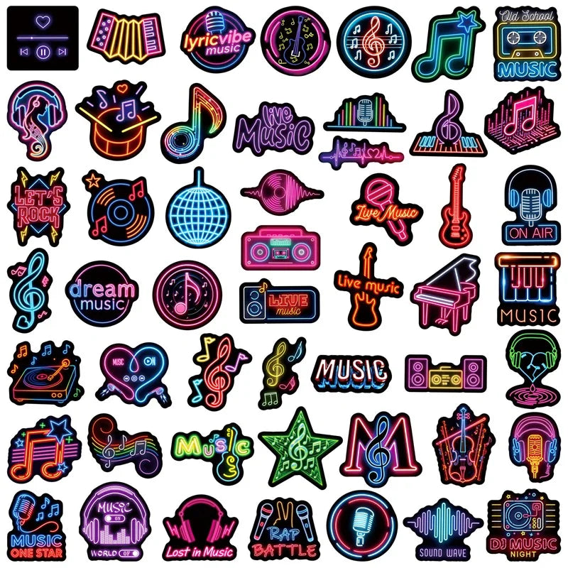 autocollants néon musique notes instruments graphiques pack 10 30 50 pièces