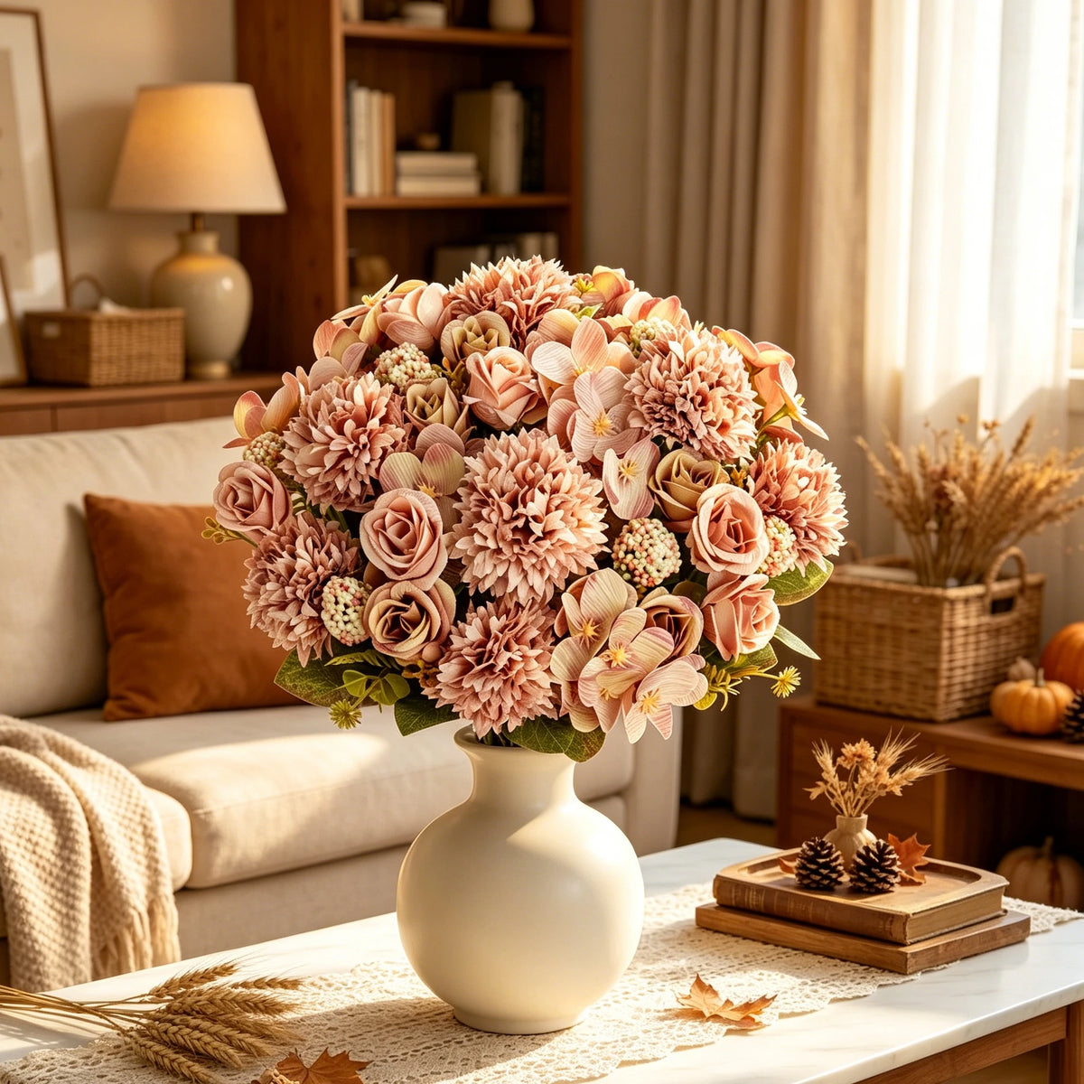 décoration intérieure bouquet fleurs artificielles rose chrysanthème mariage anniversaire élégant moderne festive