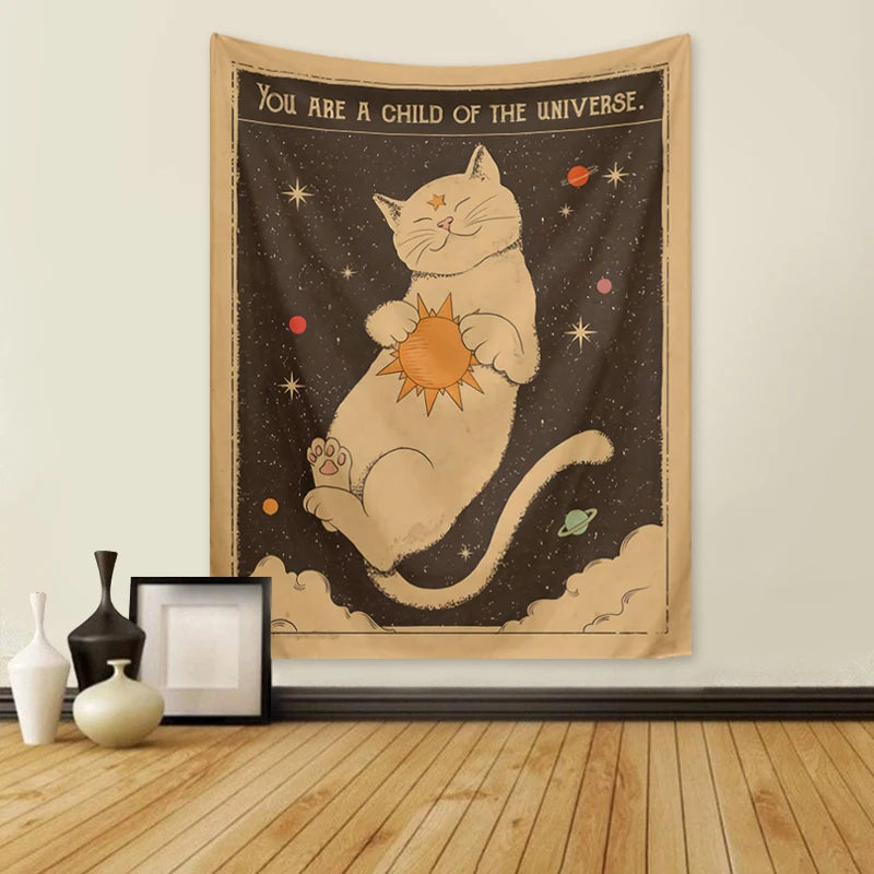 tapisserie murale moderne chat étoiles soleil lune clips polyester rectangle vintage