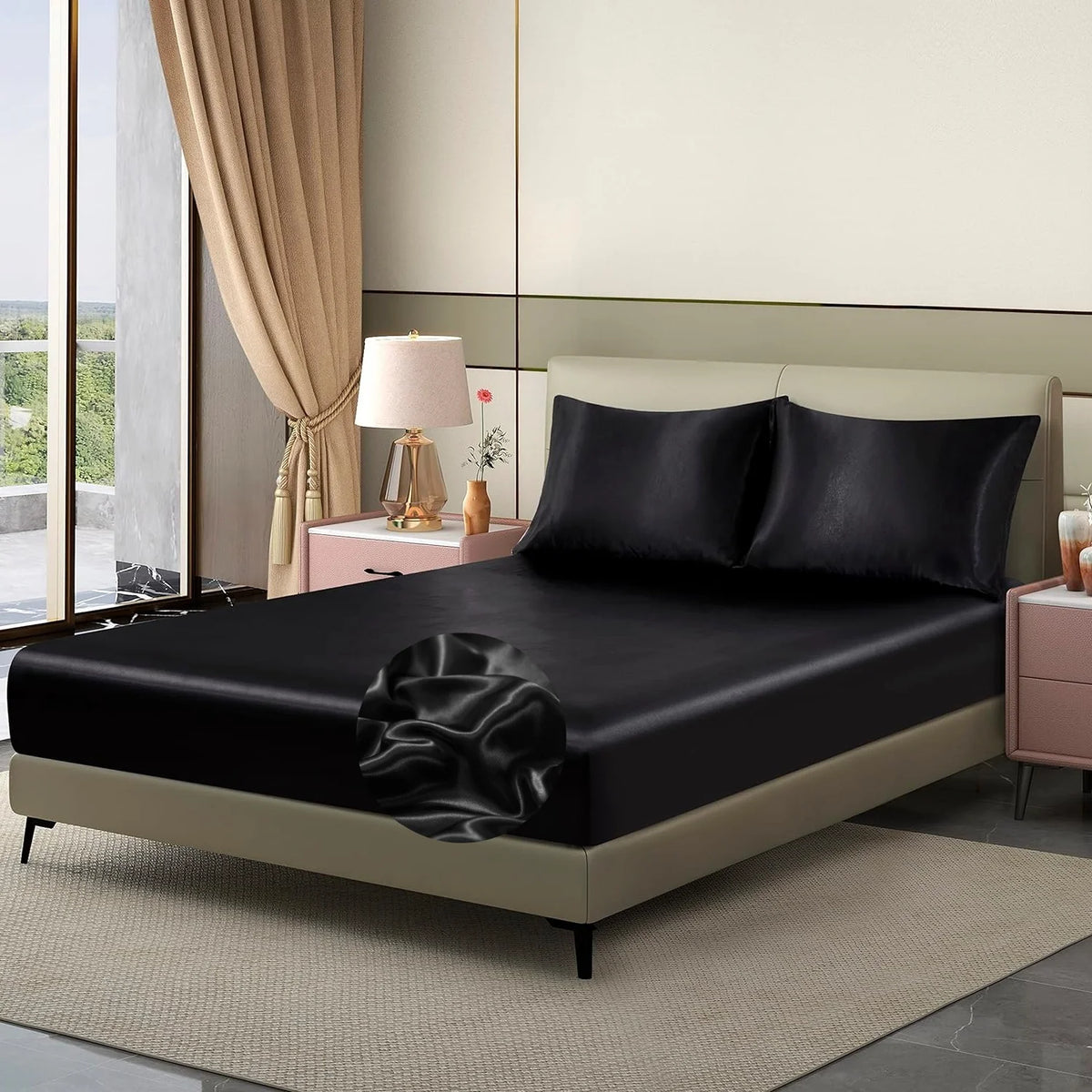 drap housse noir satiné brillant taies d'oreiller lit double moderne luxe