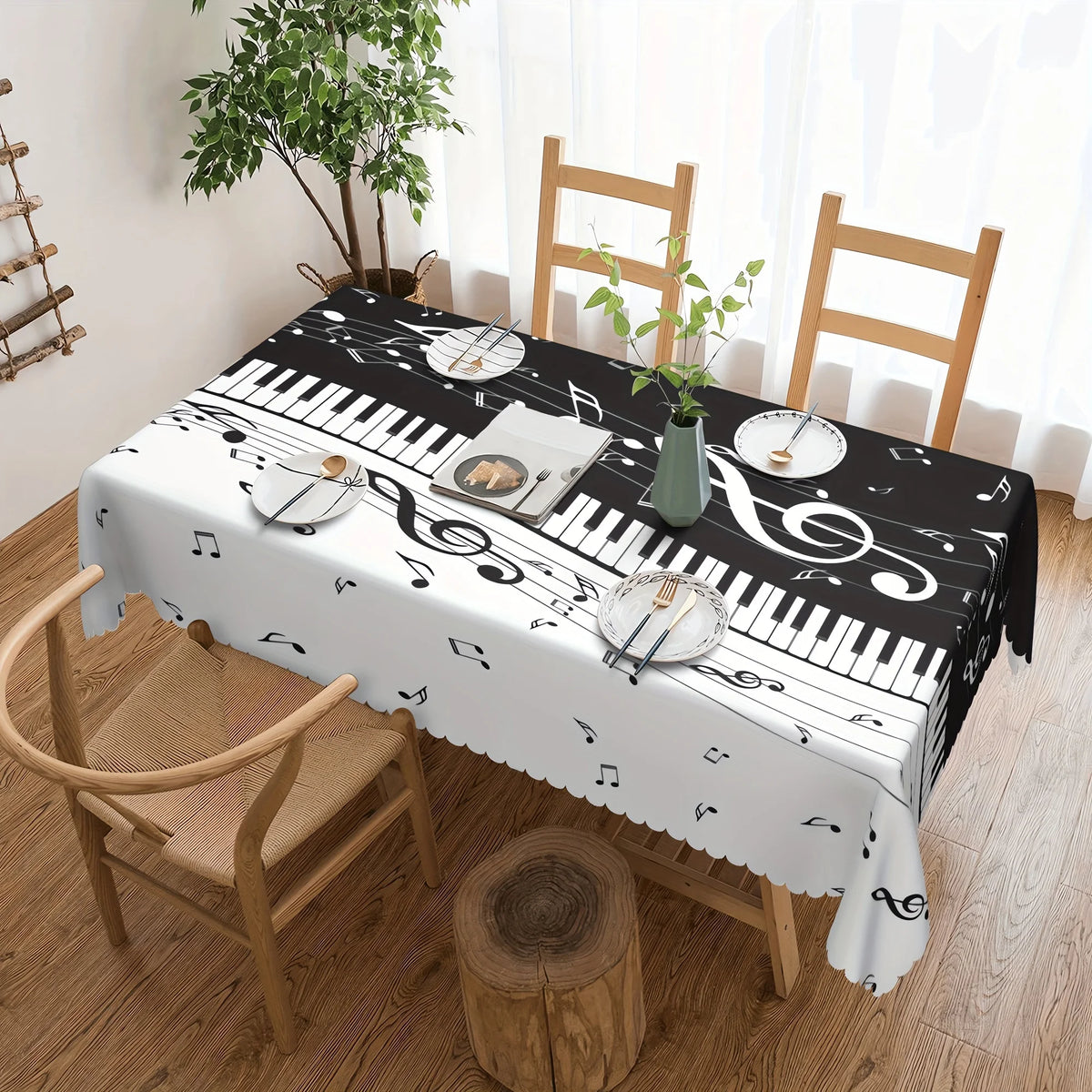 nappe table rectangulaire imperméable piano notes musicales moderne assiettes verres couverts opaques réutilisable polyester