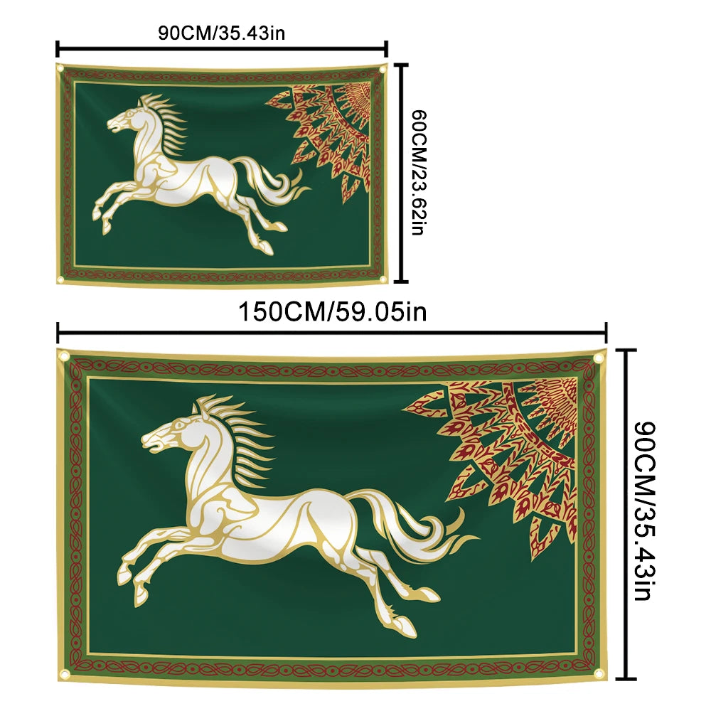 tapisserie artisanale vert foncé cheval galopant feuilles stylisées dorés décoration intérieure traditionnelle