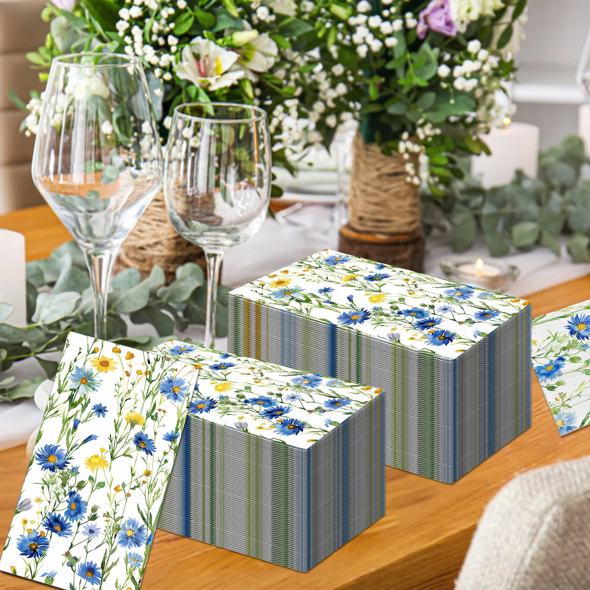 serviettes papier jetables fleurs bleues jaunes salle bain festives motifs floraux noël