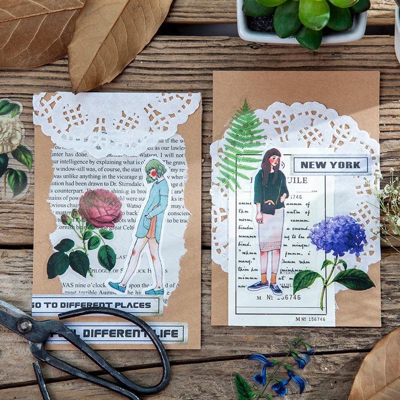 sticker botanique vintage scrapbooking fleurs plantes illustrations portraits féminins typographie ancienne 8cm 12cm stickers