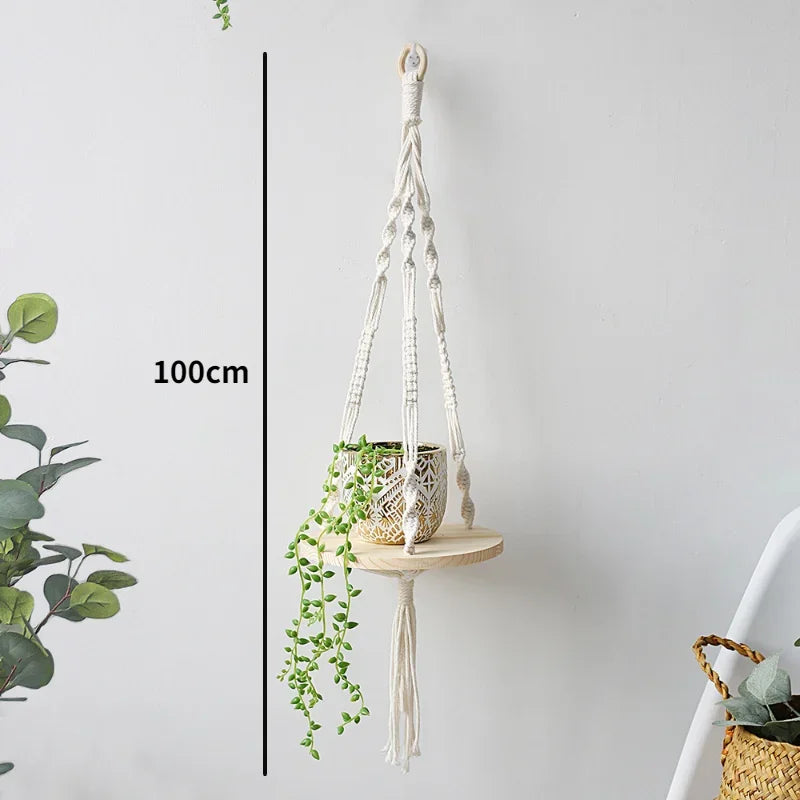 étagères suspendues macramé boho rustique étagères plantes vase céramique cadre photo coussin franges