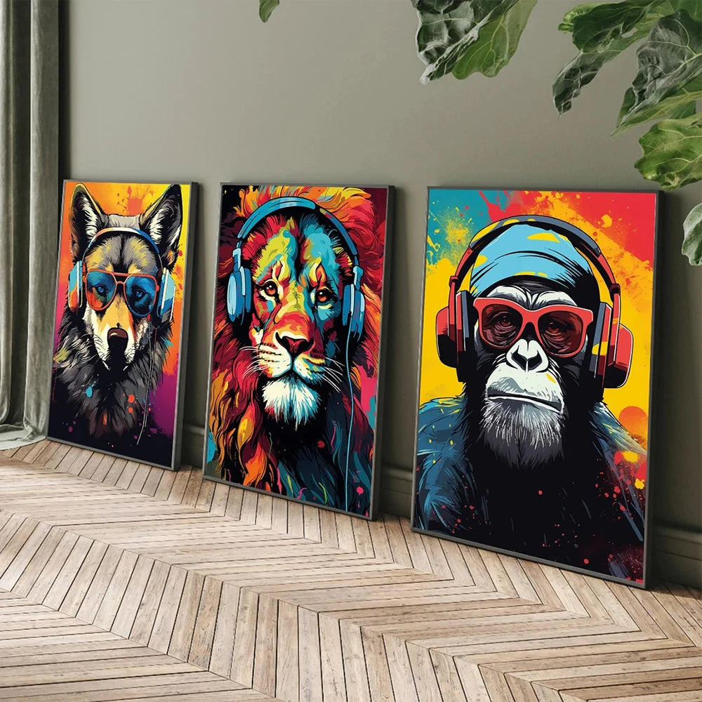 affiches modernes pop art animaux stylisés lunettes casques audio noir blanc bleu orange rouge