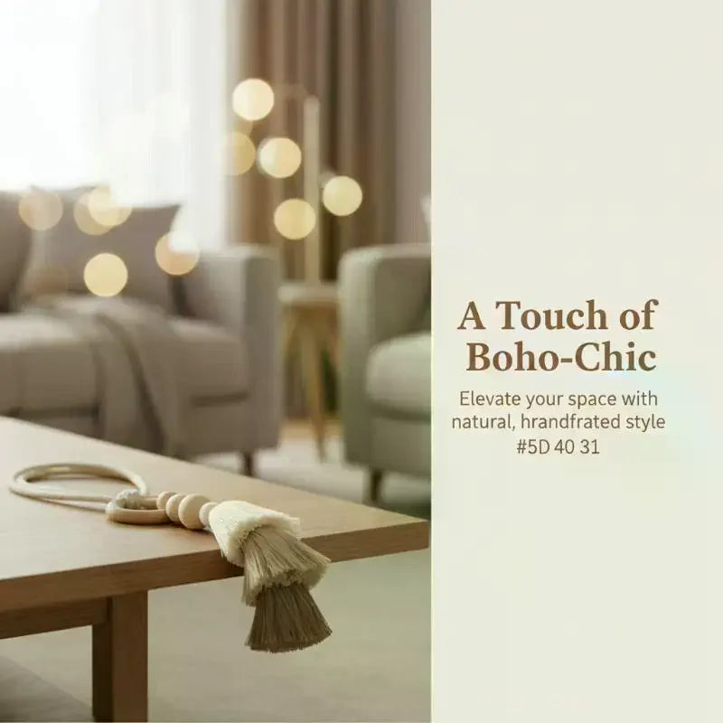 rubans fenêtre boho chic pompons gradation couleurs anneaux bois beige marronclair tissé