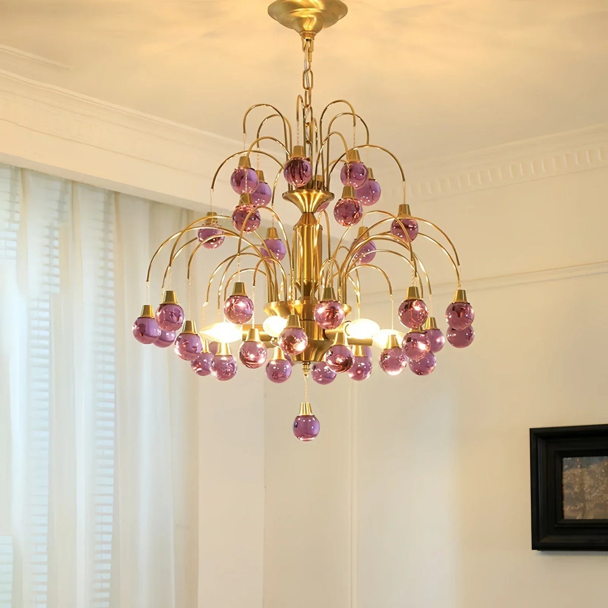 lustre moderne art déco doré violet marron sphères translucides salon chambre vintage