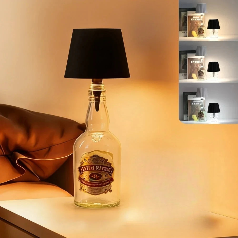 lampe table moderne bouteille transparente abat jour opaque étiquette vin led recharge usb modes