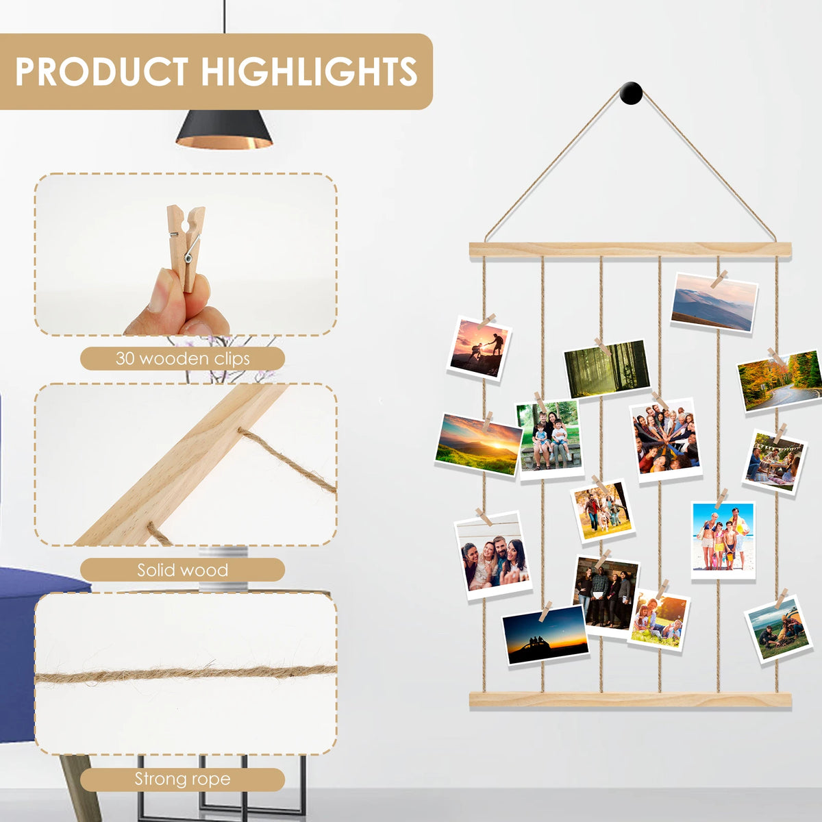 cadre photo suspension bois bohème pinces photos accroches decor mur decoratif rustic original