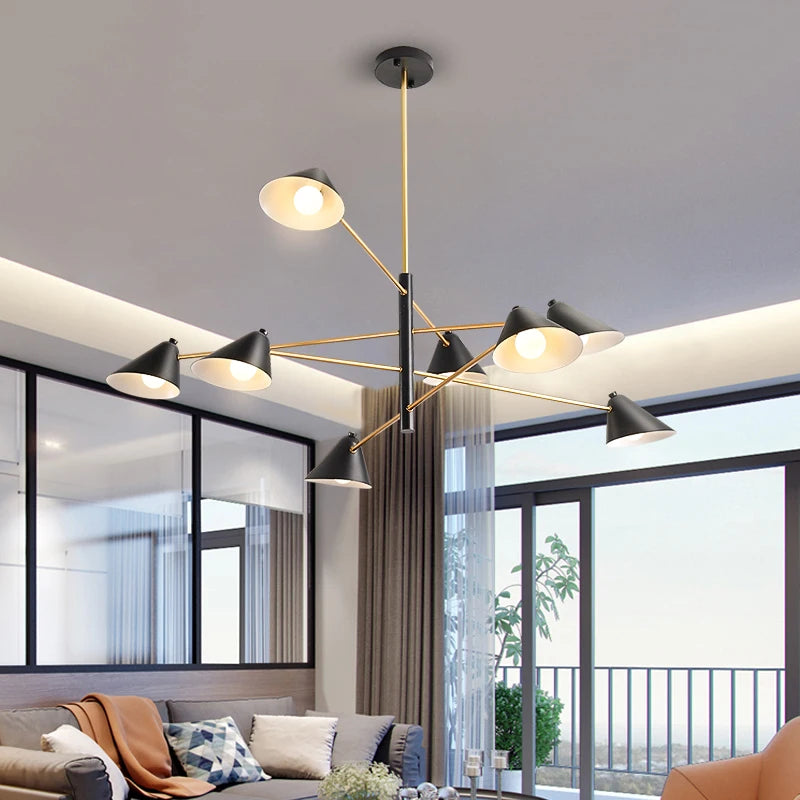 Suspension lumineuse moderne conique noir doré sources lumineuses chambre salon