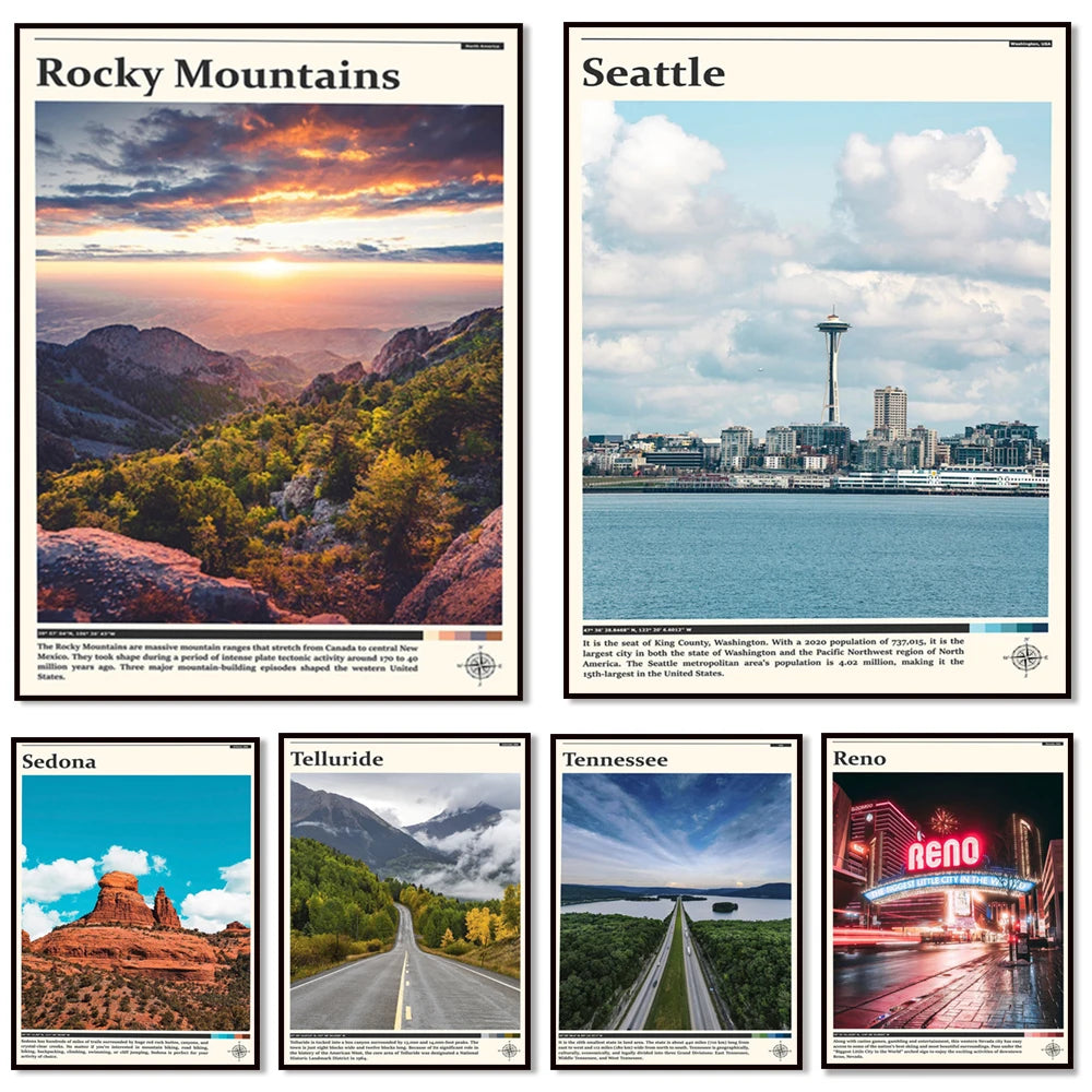 Paysages emblématiques d'Amérique du Nord : des montagnes rocheuses époustouflantes aux villes dynamiques en passant par des routes pittoresques et des destinations touristiques populaires.