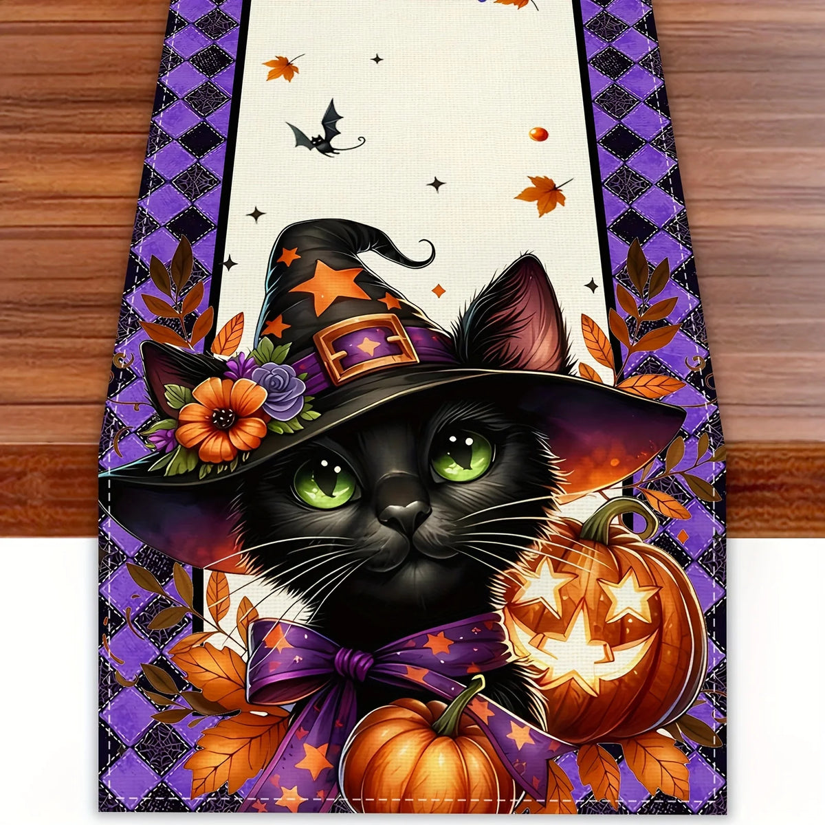 table cuisine halloween violet blanc citrouille chat chapeau sorcière feuilles automne