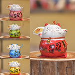 chat souriant tirelire céramique japonaise motifs floraux couleur rouge vert rose bleu jaune