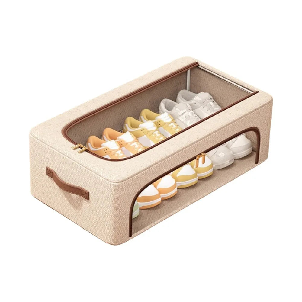 boîte chaussures beige toile transparente moderne poignées cuir rangement sous lit rechargeable articles divers