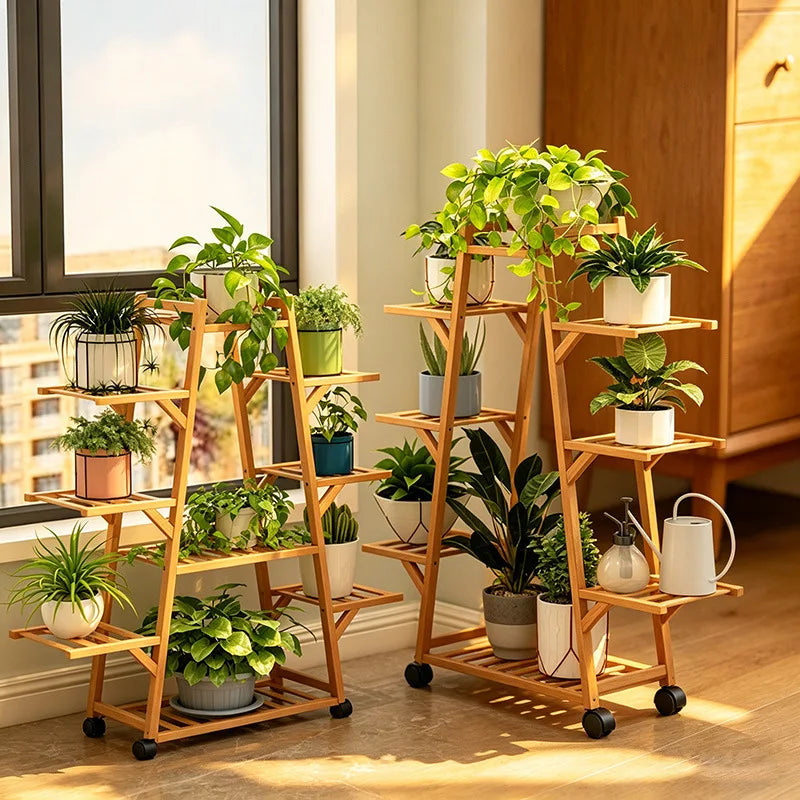 étagère roulettes bois naturel niveaux moderne plante verte balcon salon