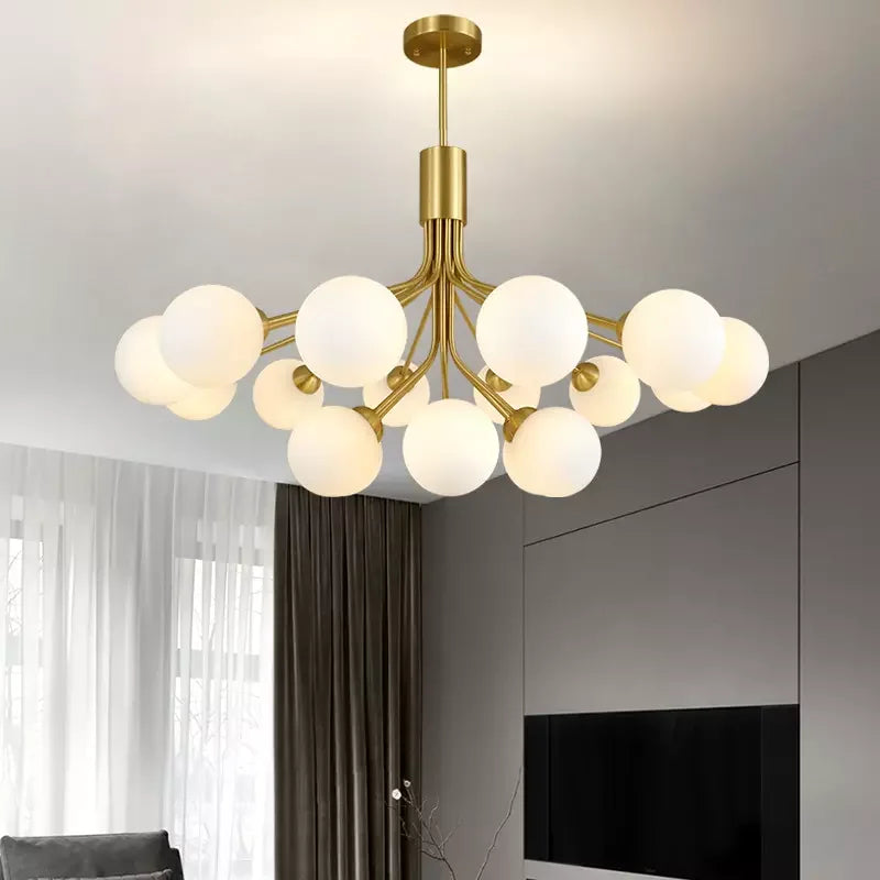 Suspension lumineuse moderne ornement boules translucides structure métallique or blanc