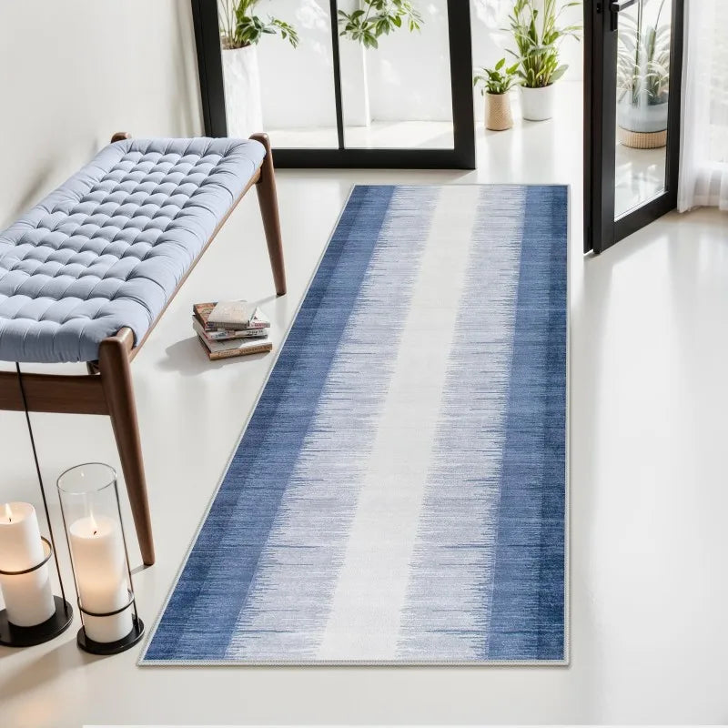 tapis moderne rayé bleu blanc polypropylène polyester extérieur salon couloir chambre commercialisation