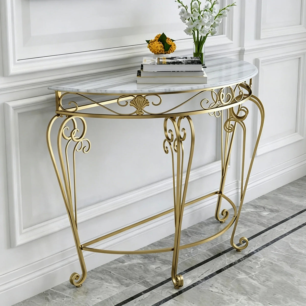 console meuble demi lune or marbre floral classique vintage blanc noir ornementé