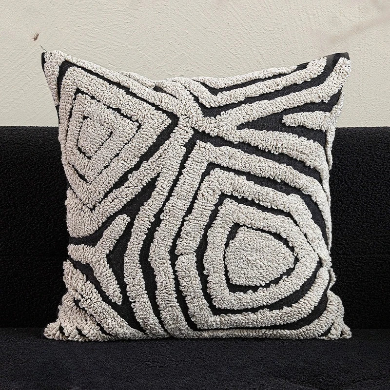coussin noir blanc brodé géométrique moderne fixé 45x45cm décoration