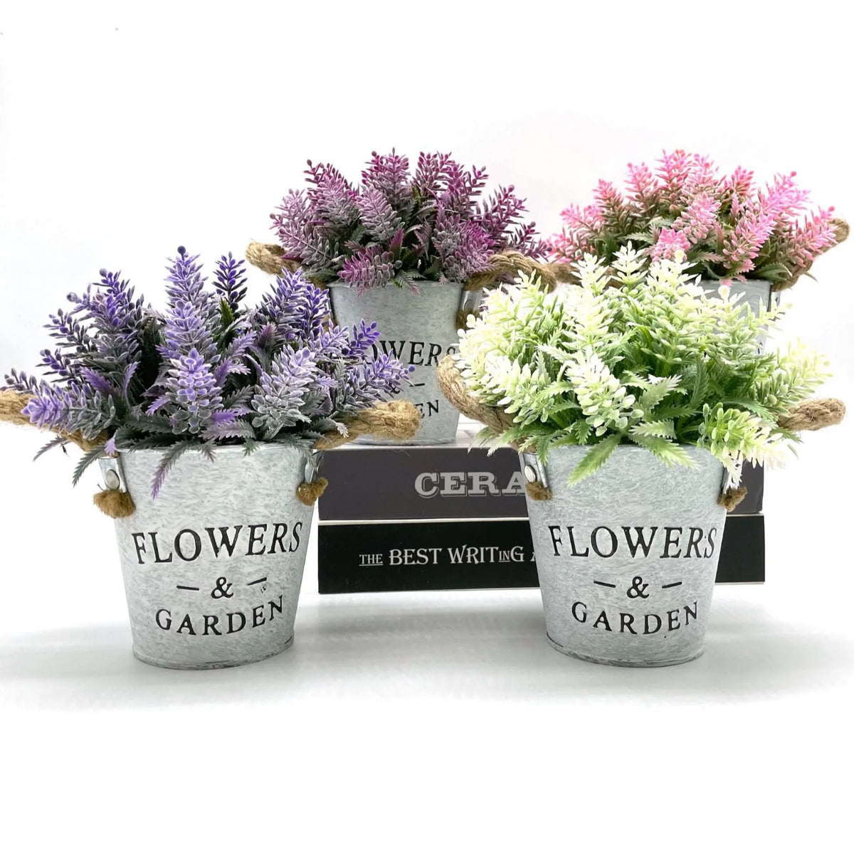 plantes artificielles pot fleurs gris étiquette blanche texte flowers garden cordelette vintageextérieurDecorationFeteBureauSalonJardin