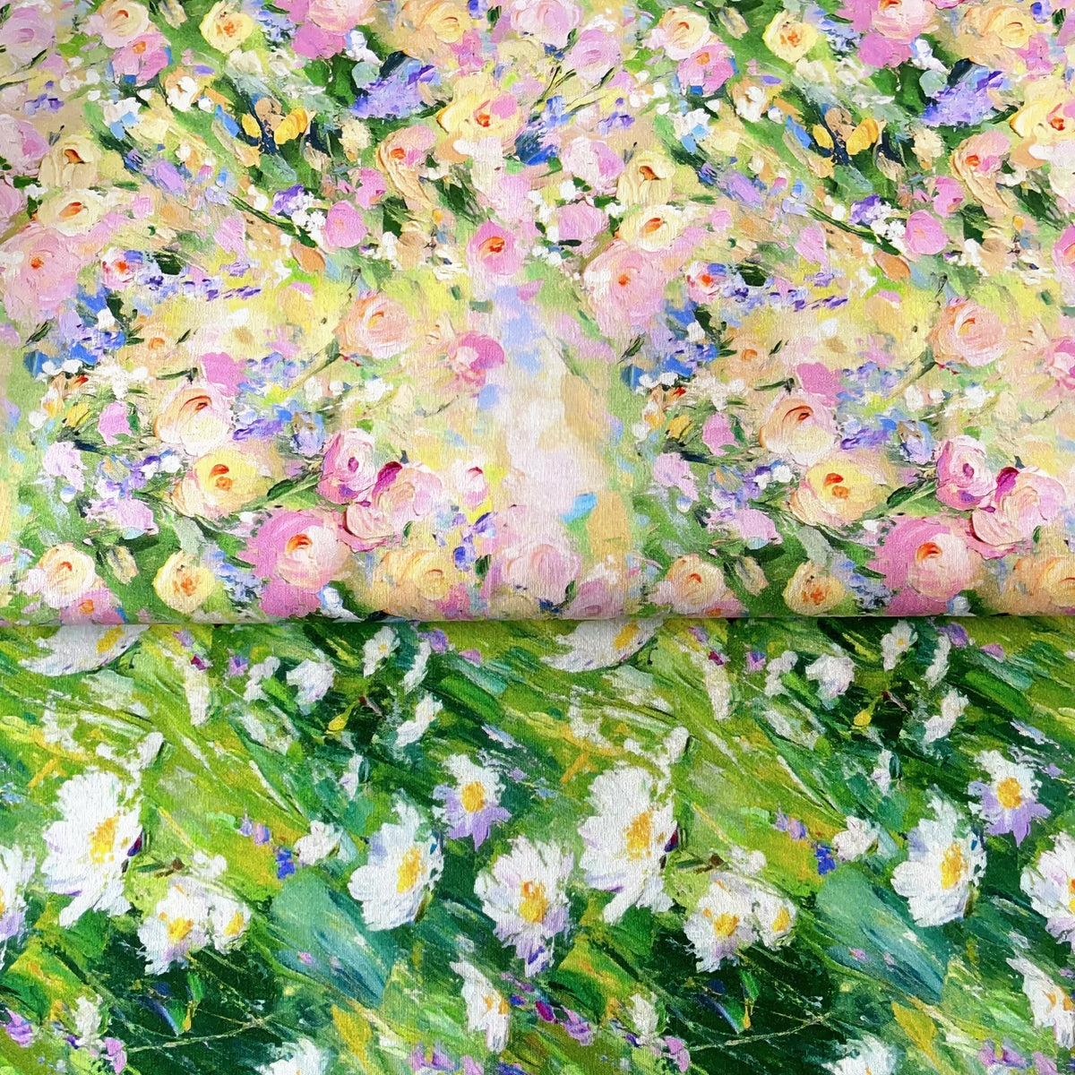 tissu coton imprimé floral motifs marguerites roses peinture huile abstraite digital printing 145cm large