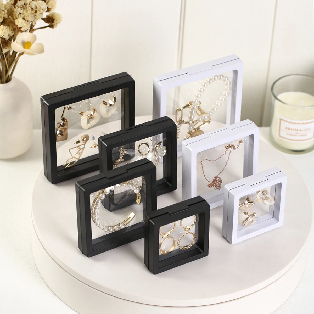 boîtes bijoux transparentes noires blanches modernes 11cm 9cm 7cm 10pièces