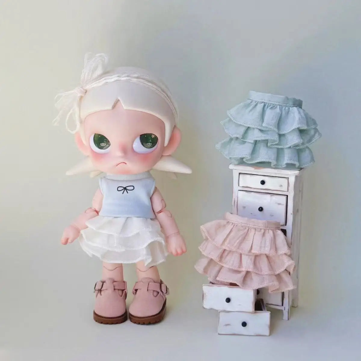 accessoires poupées robe volants chaussures sac lunettes moderne décontracté blanc rose vert clair