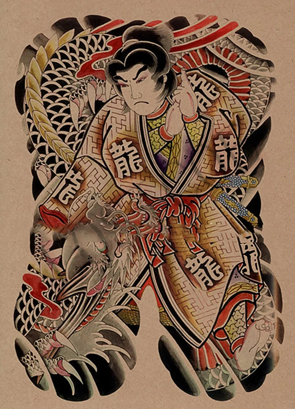 tattoo temporaire tatouage japonais dragon femme fleur noir blanc rouge vert bleu or