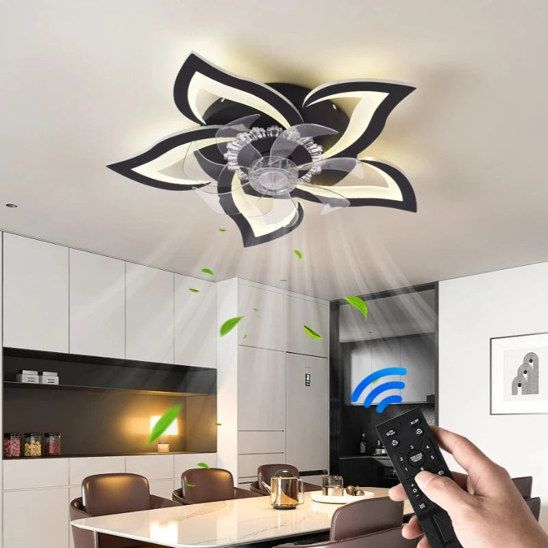 ventilateur éclairage moderne intensité variable forme fleur télécommande application minuterie vitesses led noir blanc