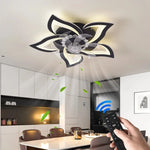 ventilateur éclairage moderne intensité variable forme fleur télécommande application minuterie vitesses led noir blanc