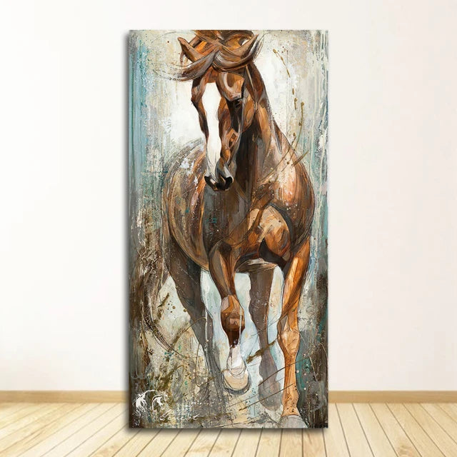 tableau moderne chevaux galopants abstrait canvas noir blanc marron gris doré salon chambre decoration