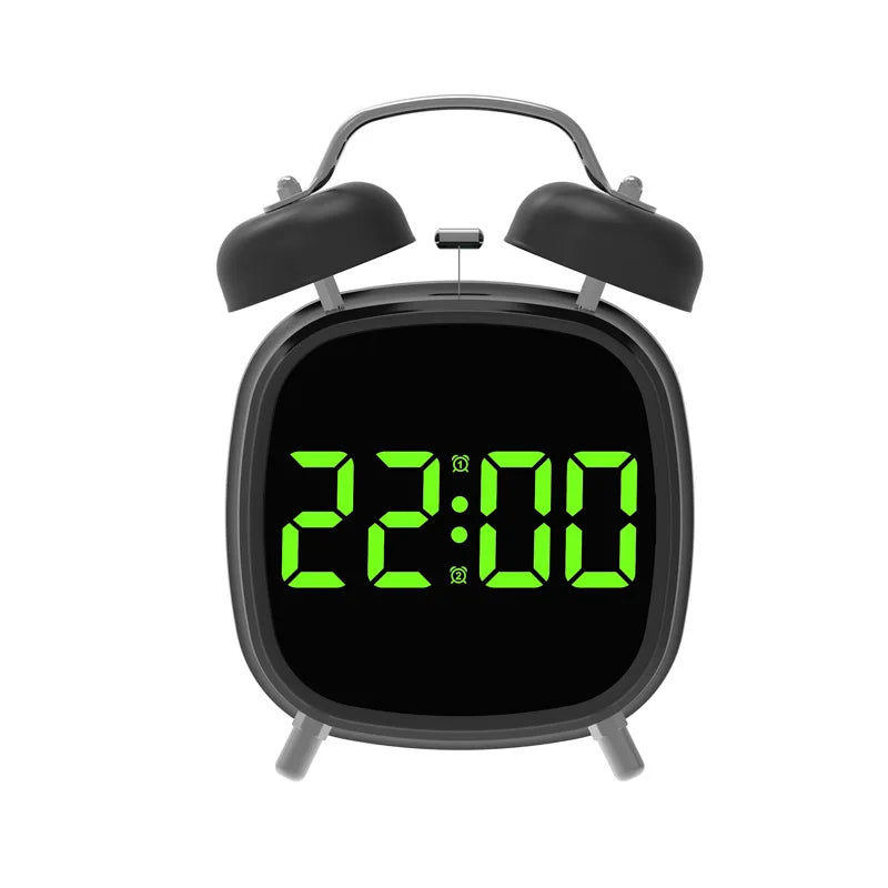 réveil numérique double cloche horloge led moderne anti perturbation blanc pieds snooze alarme réglable