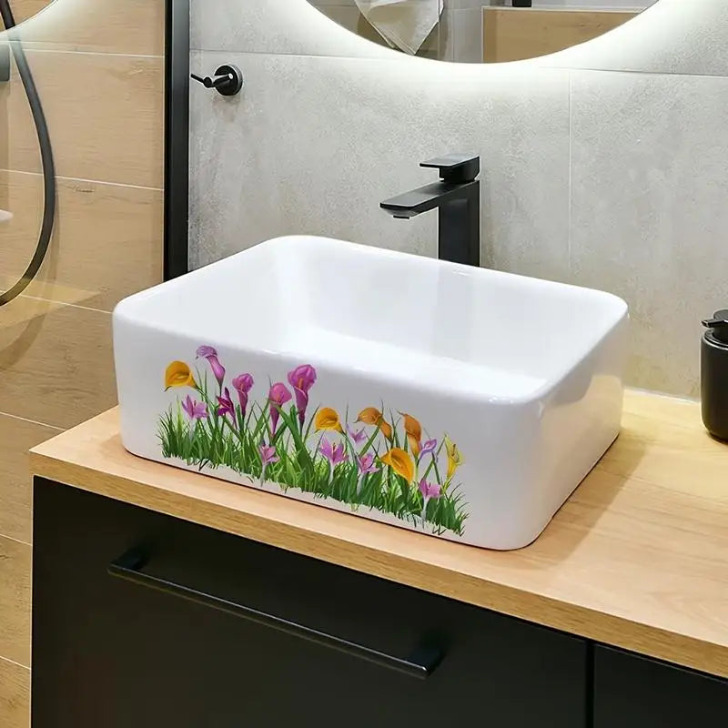 sticker mural floral adhésif décoration naturelle tulipes callas lavabo salle bain moderneversible amovible pvc