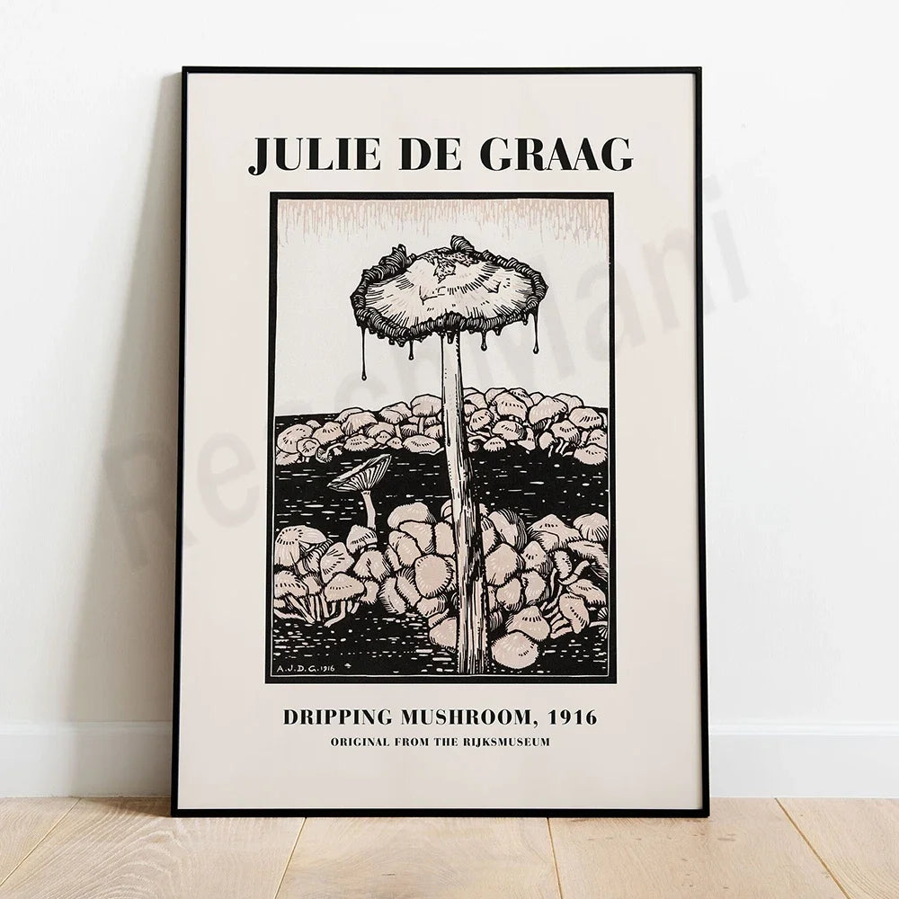 Une œuvre d'art intitulée "Dripping Mushroom, 1916" d'après le musée Rijksmuseum, représentant une image en noir et blanc d'un champignon aux allures surréalistes.