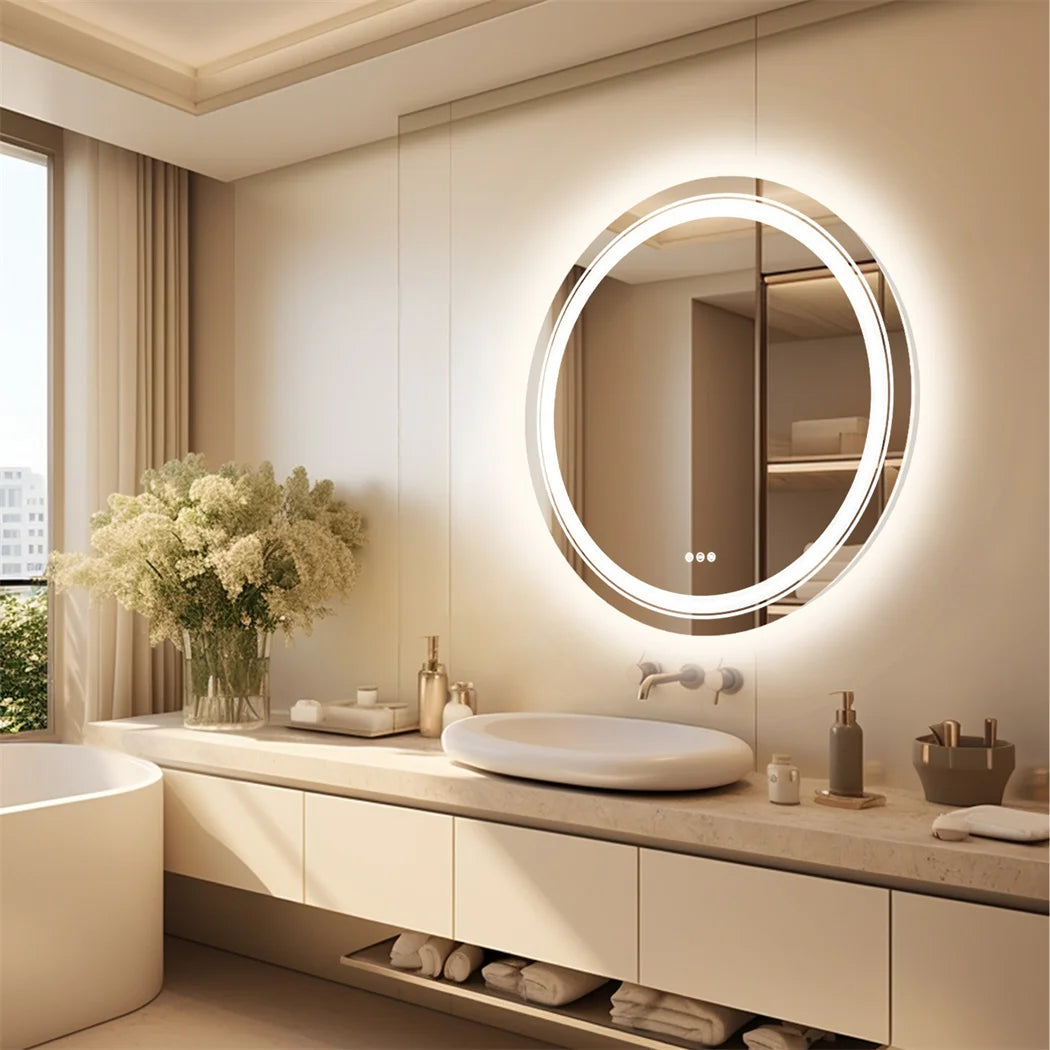 miroir rond lumineux argenté moderne éclairé antibuée écran tactile led dimmable