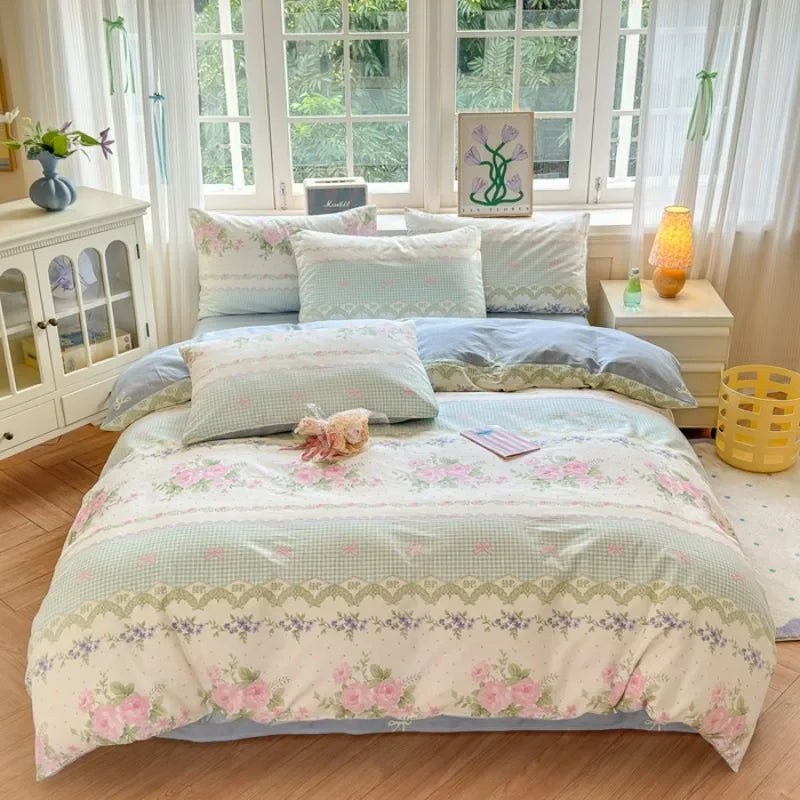 ensemble literie floral vintage 100 coton blanc rose vert bleu beige