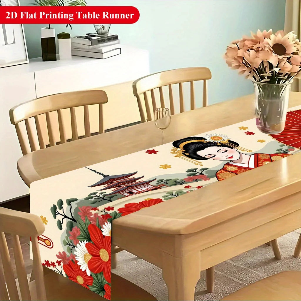 table runner japonais traditionnel motif kimono fleurs table couverts assiettes verres bougies printemps été