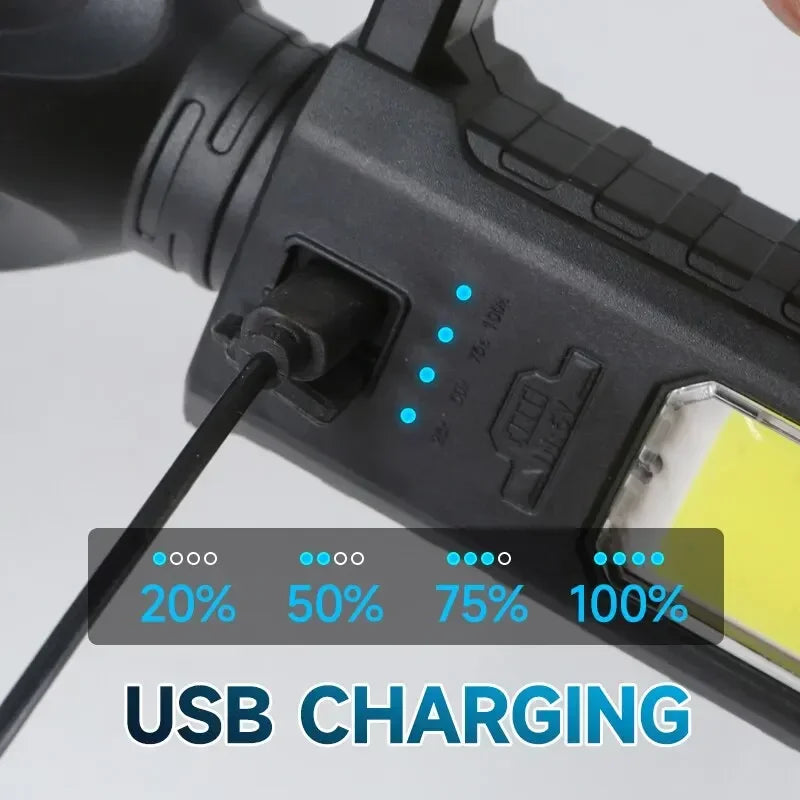 lampe torche rechargeable led noire moderne câble adaptateur usb intense