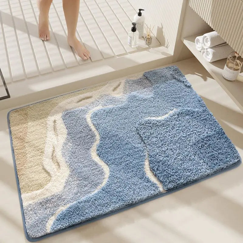 tapis bain polyester doux absorbant moderne vert gris beige bleu blanc ondulé geometrique