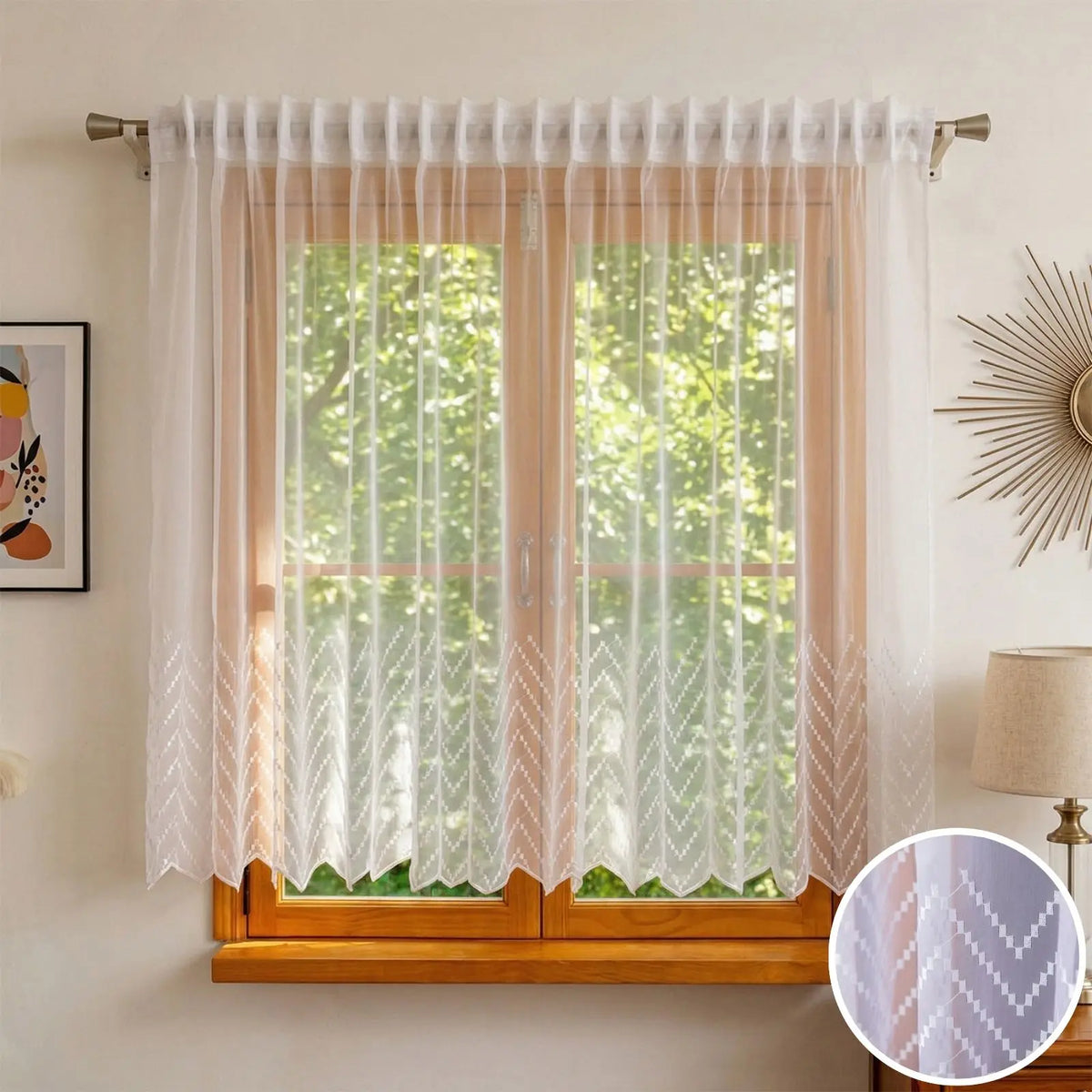 rideau blanc transparent géométrique salon moderne fenêtre largeur variable haute qualité polyester
