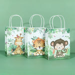 sacs cadeau anniversaire enfant animaux jungle tigre singe éléphant zèbre aquarelle adorable blanc vert